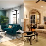 Living room with modern Arabic arch and soft beige tones
