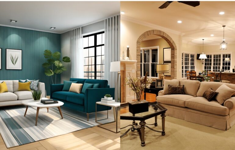 Living room with modern Arabic arch and soft beige tones