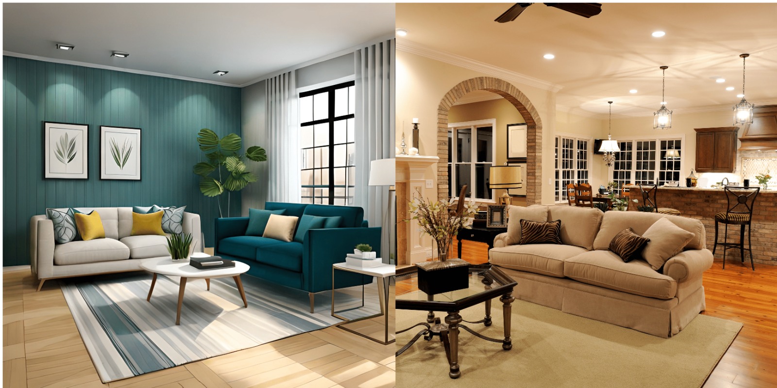 Living room with modern Arabic arch and soft beige tones