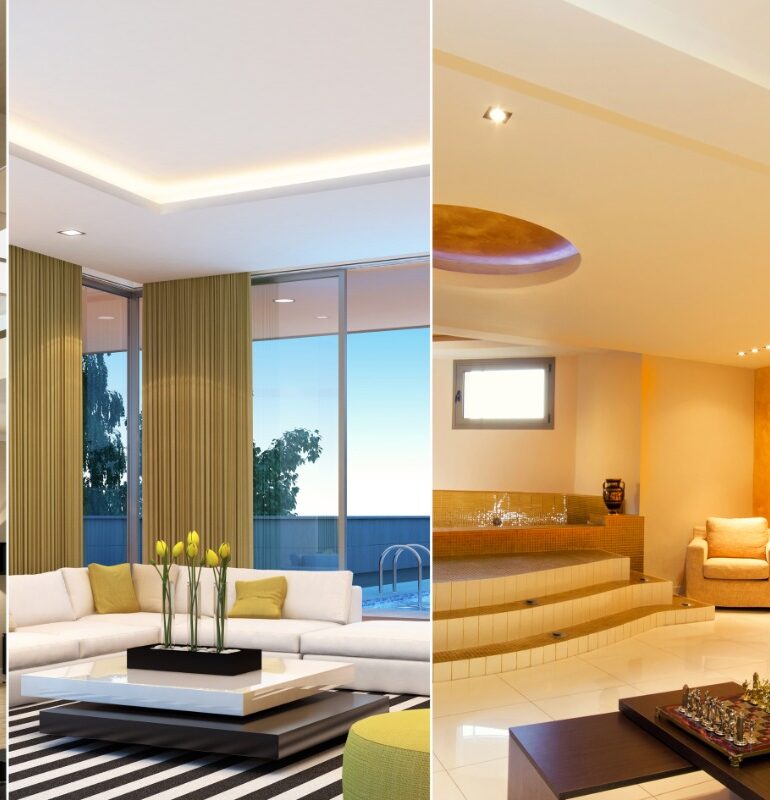 Grand villa entrance with French chandelier and arched ceiling