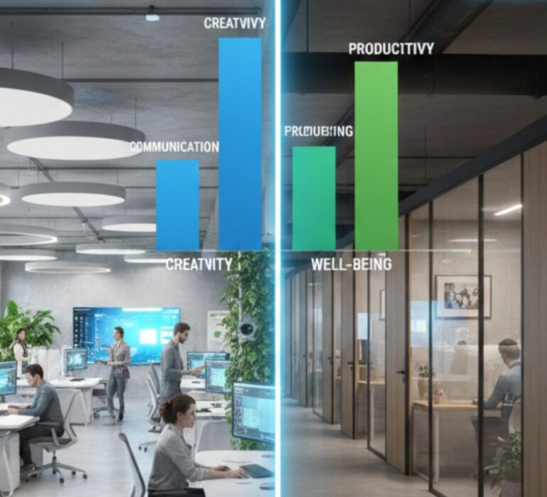 Modern open and private office designs in 2026 with French-European interior style, acoustic panels, and collaborative zones.