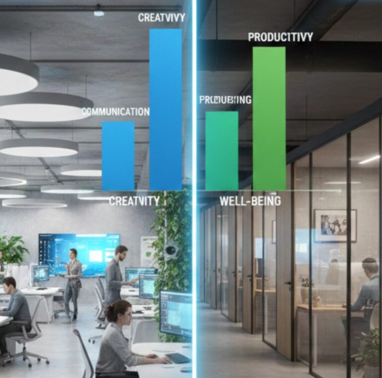 Modern open and private office designs in 2026 with French-European interior style, acoustic panels, and collaborative zones.